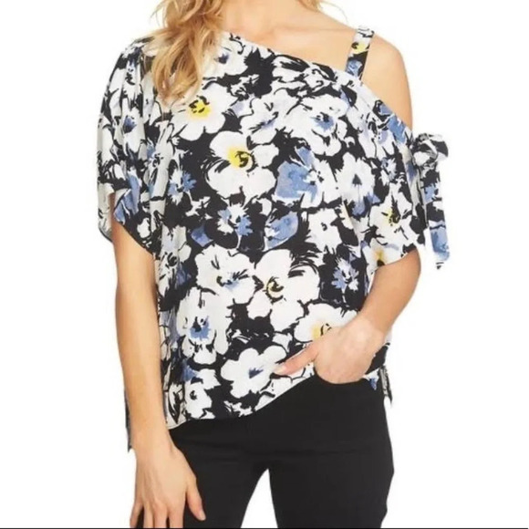 1. State Black White Floral Print Tie Single Cold Shoulder Blouse Small Women’s - Picture 13 of 13